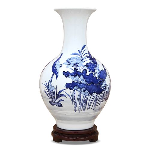 景德镇陶瓷手绘雕刻清荷青花瓷花瓶样板装饰品摆件客厅花瓶